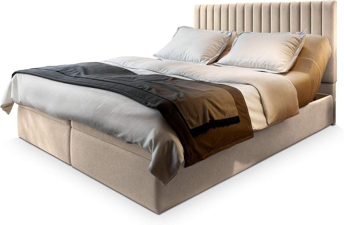 Masseno, Boxspringbett, 160x200 cm, Beige, MURLO Komplett-Set mit Matratze und Topper, Polsterbett mit Zwei Bettkästen