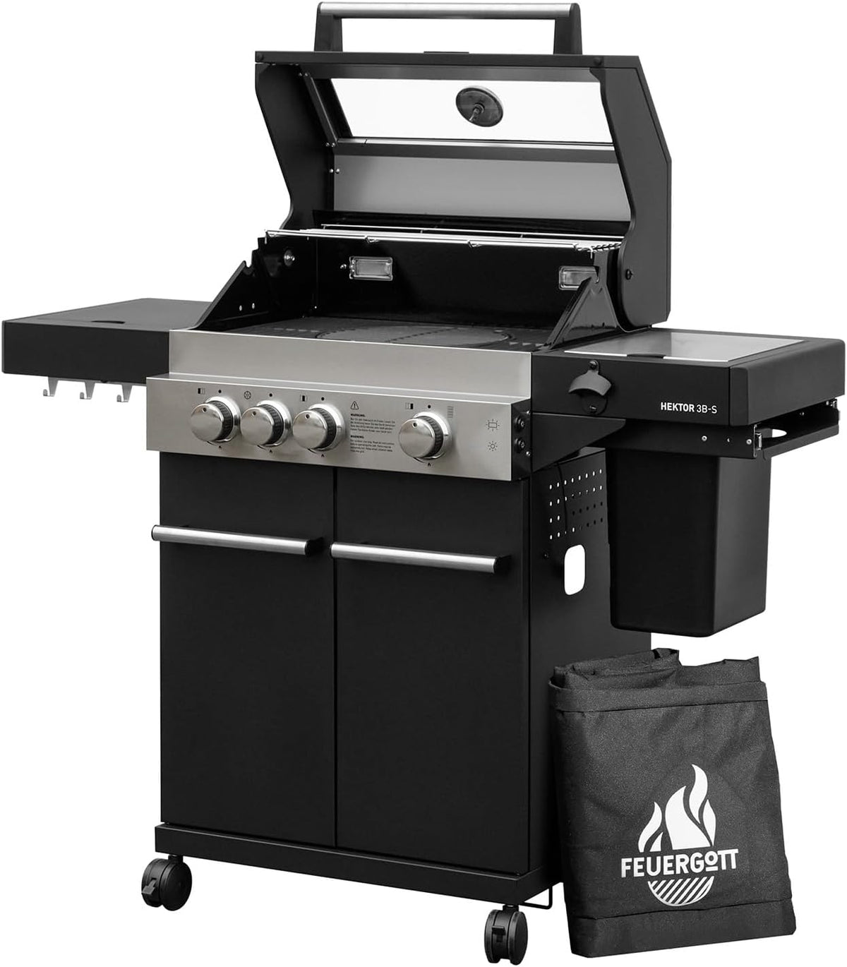FEUERGOTT, Gasgrill, Schwarz/Grau, Hektor 3B-S Edelstahl station 3 Brenner, Infrarot Sear-Brenner, Gusseisen-Grillrost