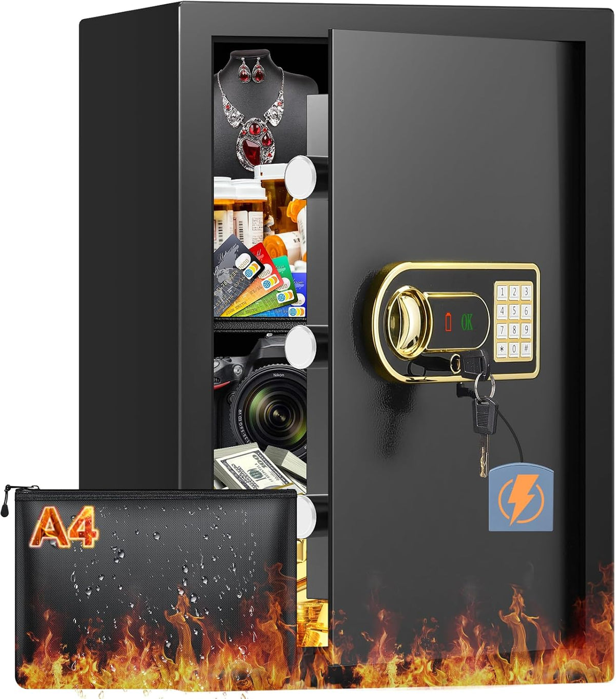 Mejasg, Hotelsafes, 70 L, Grau/Schwarz, Grosser Safe Tresor Feuerfest mit Zahlenschloss & A4