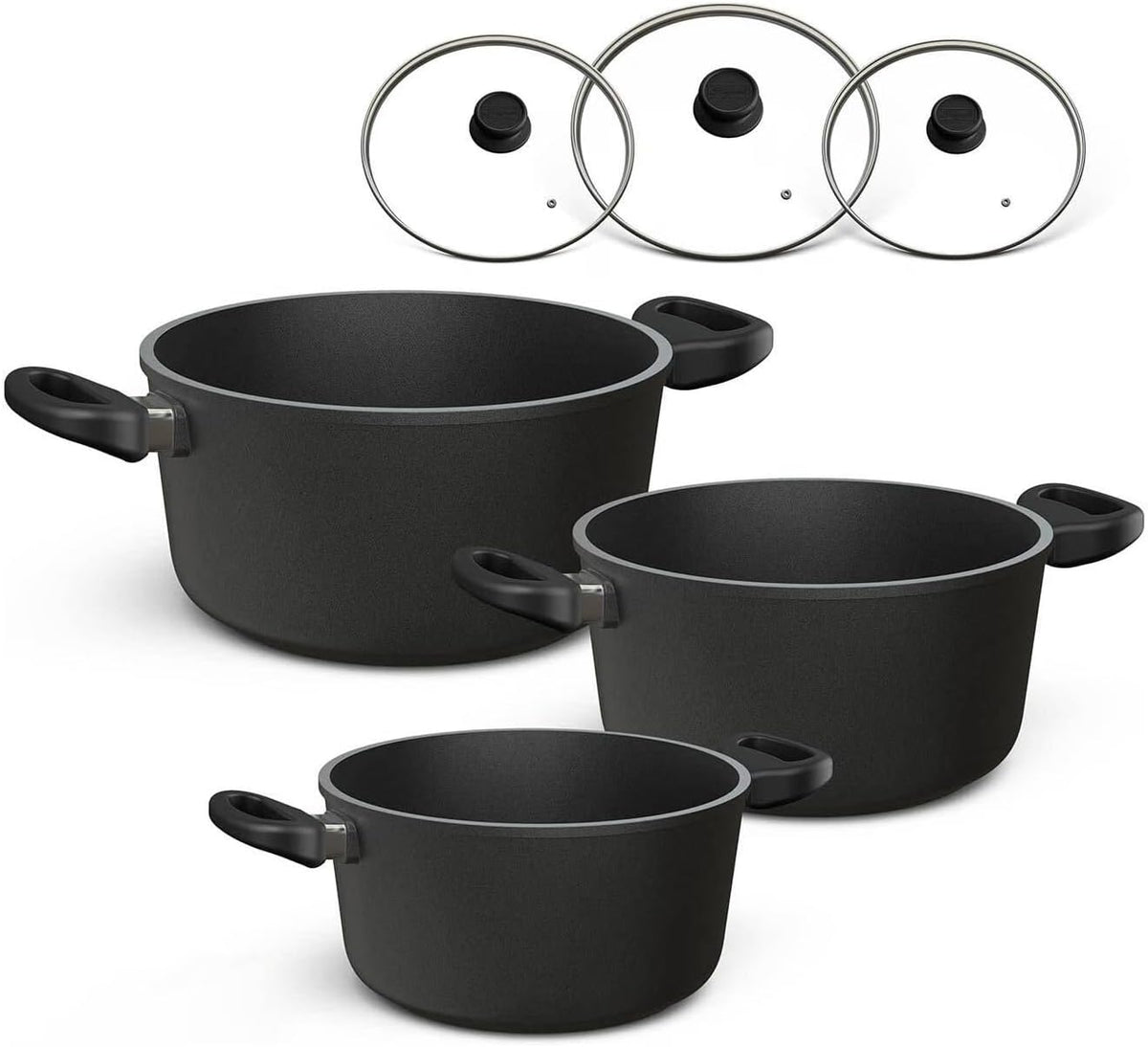 Hoffmann, Topfsets, Schwarz/Grau, Topfset Induktion mit Glasdeckel, 6-teilig I Set alle Herdarten auch Induktion I Töpfe Made