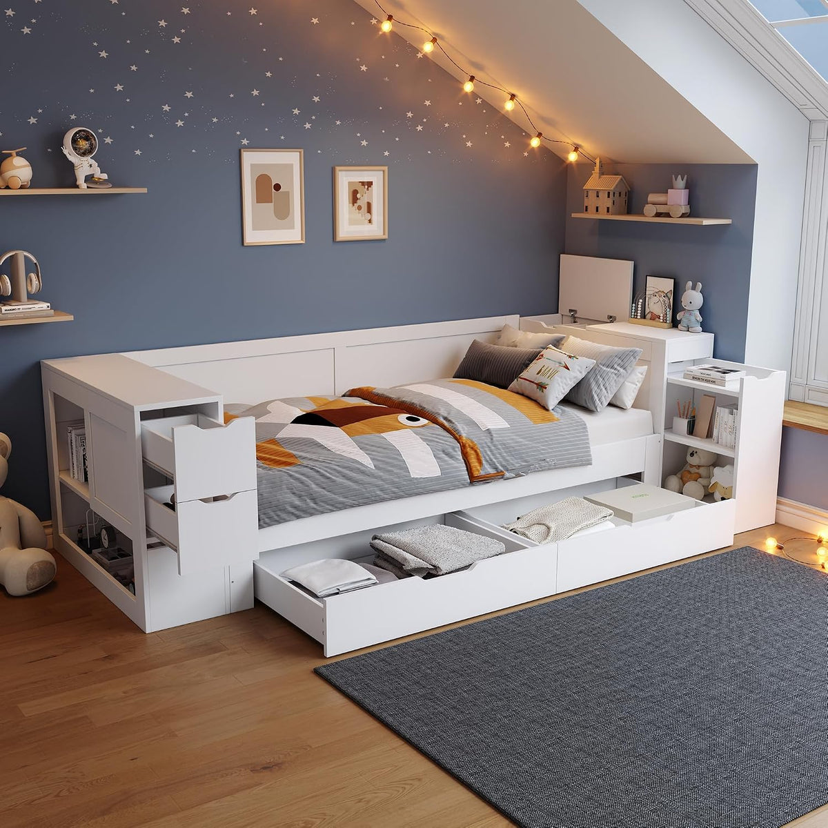 RIAZOS, Matratze, 90x200 cm, Weiss, Kinderbett, Einzelbett mit Regalen und Stauschrank, Stauraumbett mit Schubladen
