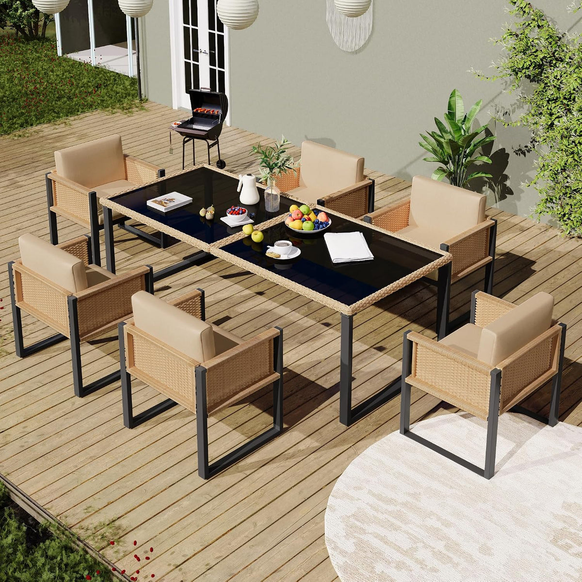 Merax, Essgruppe, Braun, Gartenmöbel Set 6-Personen, Outdoor Balkonmöbel mit Esstisch, Polyrattan-Terrassenmöbel mit Abnehmbar und Waschbar Kissen