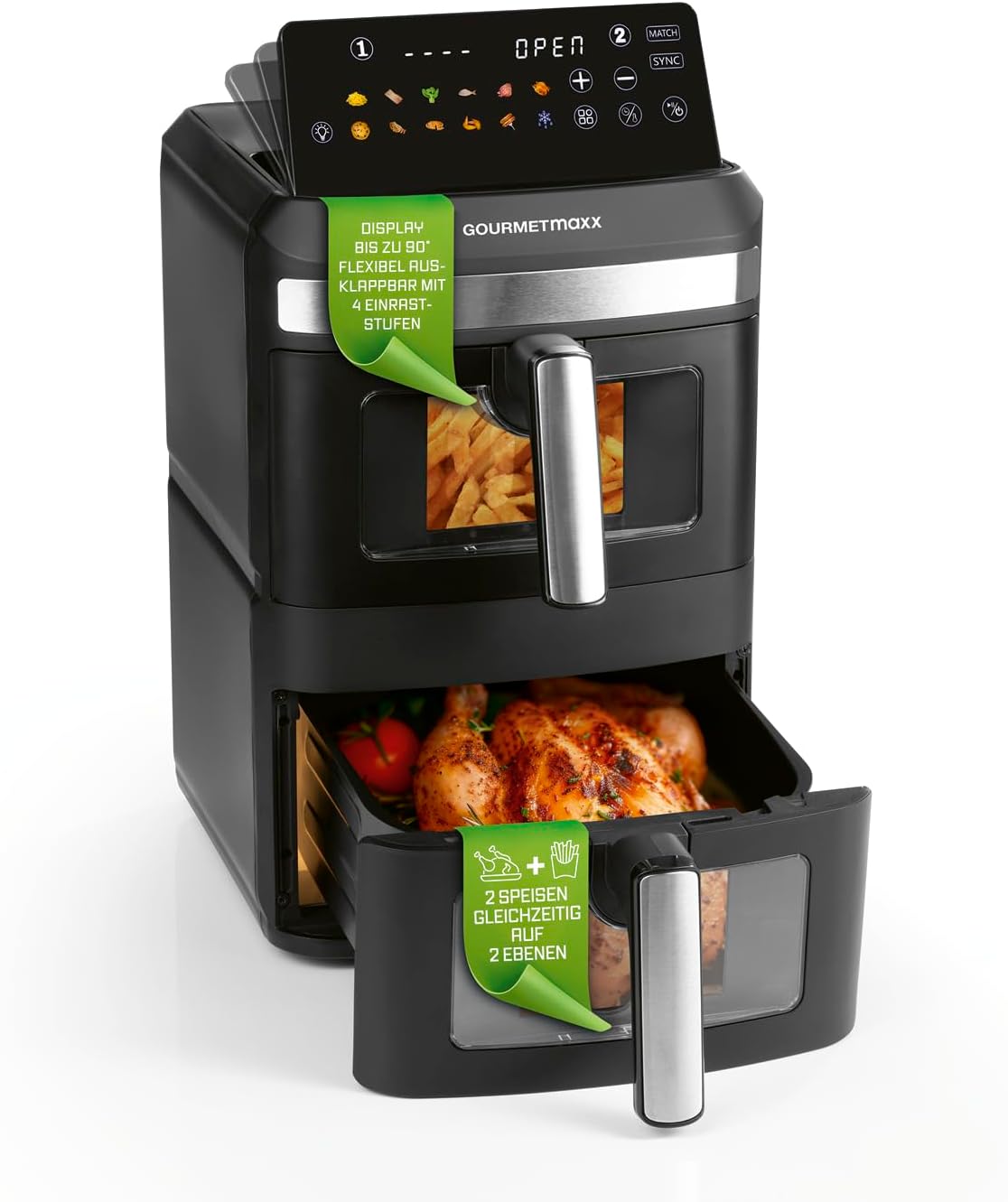 GOURMETmaxx, Heissluftfritteuse, 12 L, Grau/Schwarz, FryUp XL vertikale Doppelkammer mit Sichtfenster
