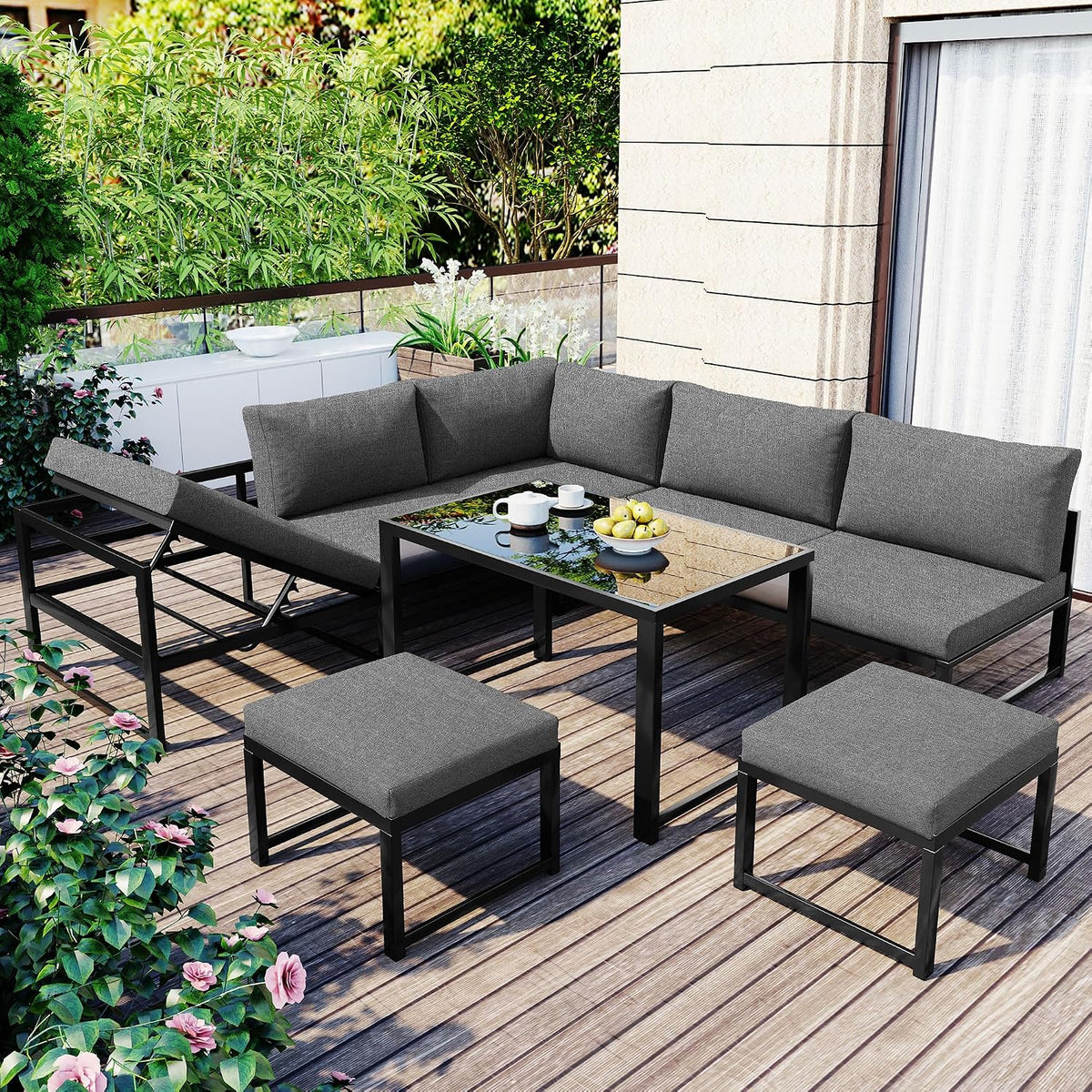 Gartenmöbel-Set, Huayz, Grau, Garten Loungesessel Set mit Liegefunktion, 5-teiliges, 1 Doppelsofa, 1 Dreiersofa