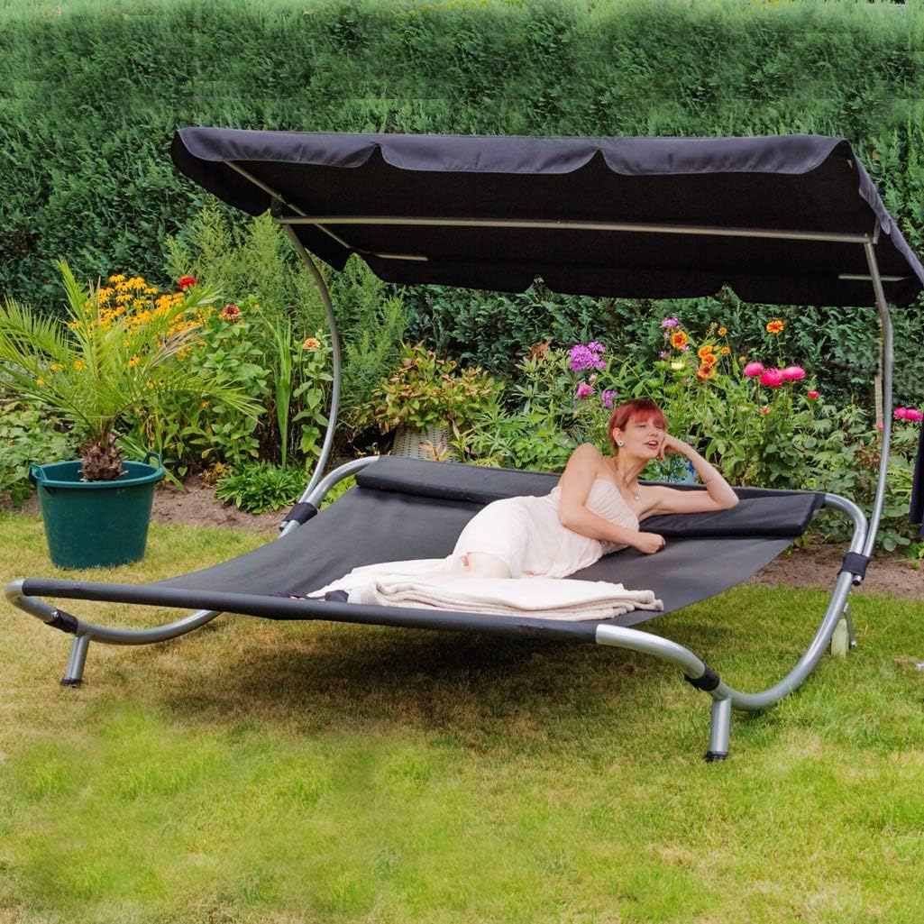 Loywe, Liegen, 200x195x145 cm, Schwarz, Sonnenliege Doppelliege mit Dach für 2-Personen Doppel, LW22