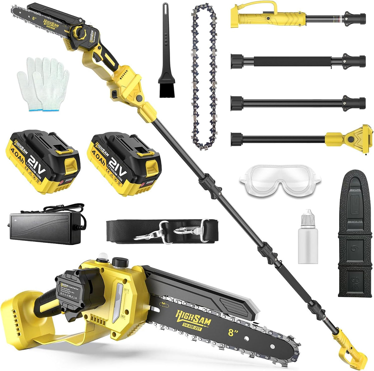 highsam, Kettensäge, 8 Zoll, 4.0Ah, 4.2 m, 18 V, Grau, 2-in-1 Akku & Astsäge Akku für Makita, Bürstenloser Mini mit Akku 2×