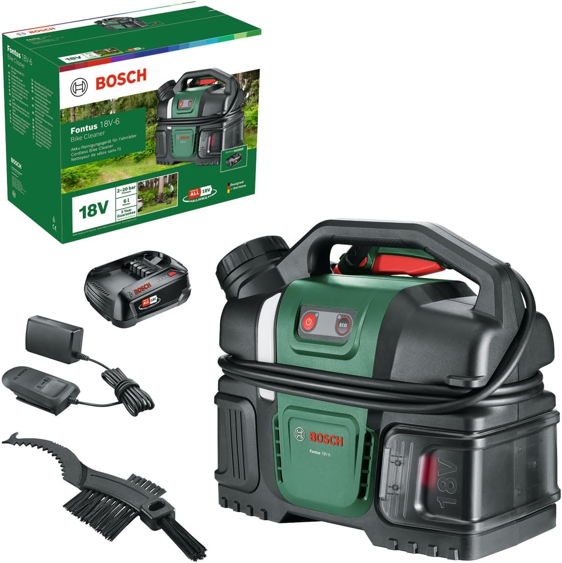 Bosch, Hochdruckreiniger, 18 V, Grau/Grün, Akku-Druckreiniger Fontus -6 für Fahrräder