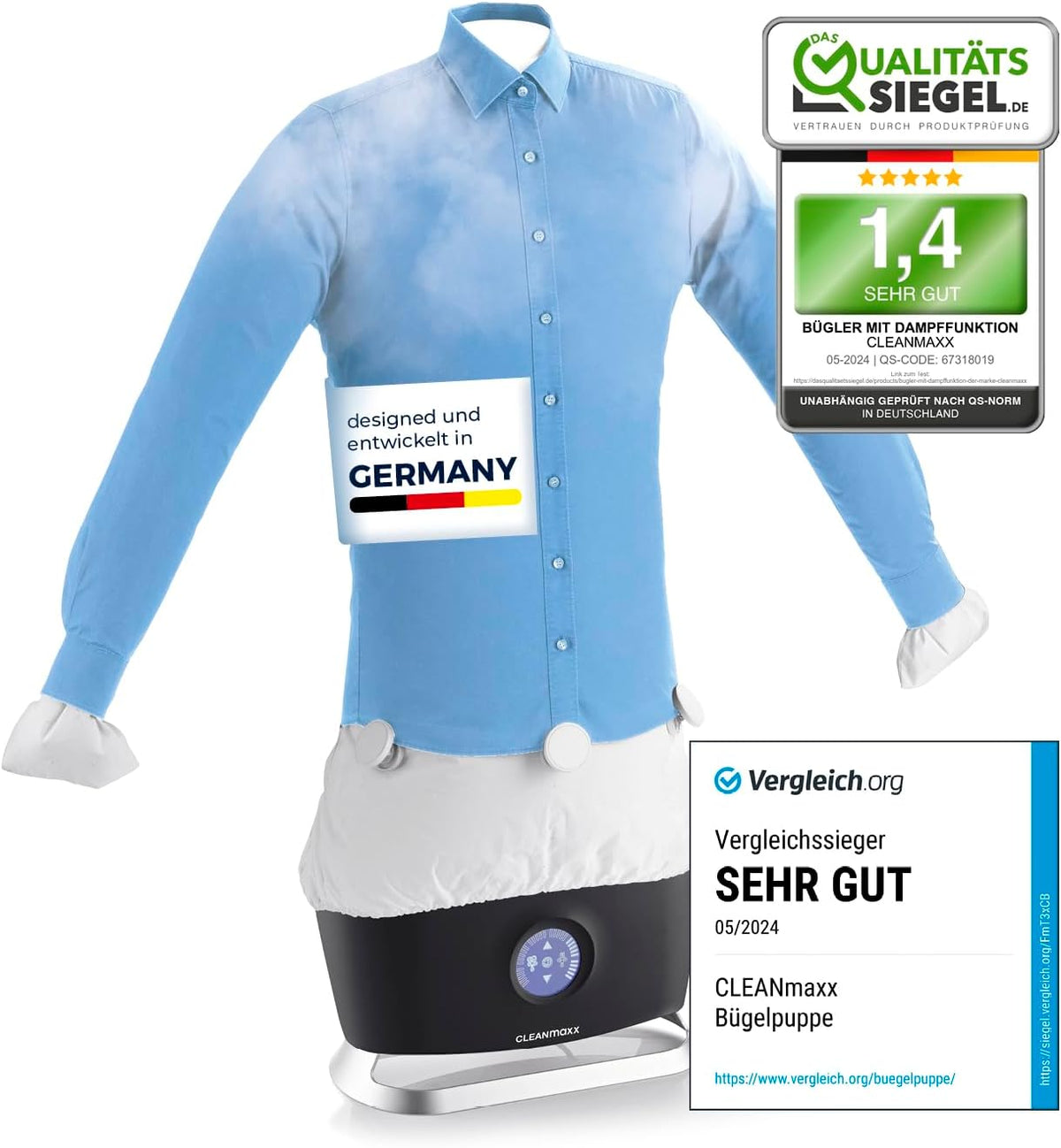CLEANmaxx, Dampfbügelstationen, Blau/Weiss, automatischer Hemdenbügler PRO STEAM mit Dampffunktion &