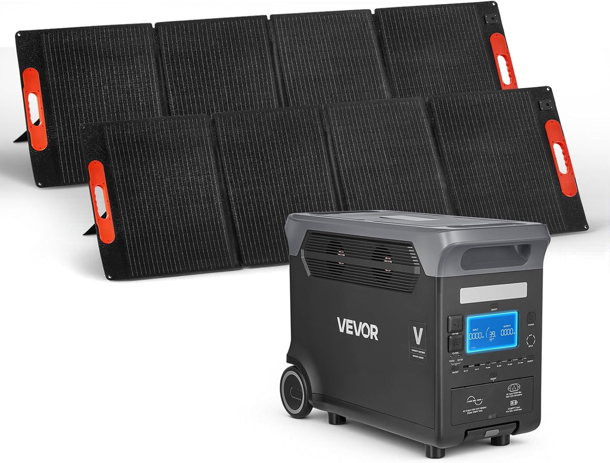 VEVOR, Powerstation, Grau/Schwarz, Solargenerator, Tragbare, mit 2 Stk. 200-W-Solarpanels, 3000-W-Solargenerator