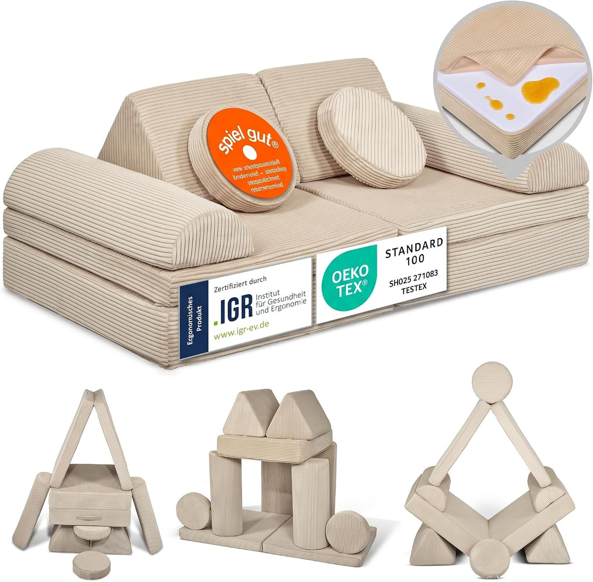 Sofa, Linodino, Grau, ® Spiel Cord, Kinder -Bausteine, Kindercouch, Stapelsteine