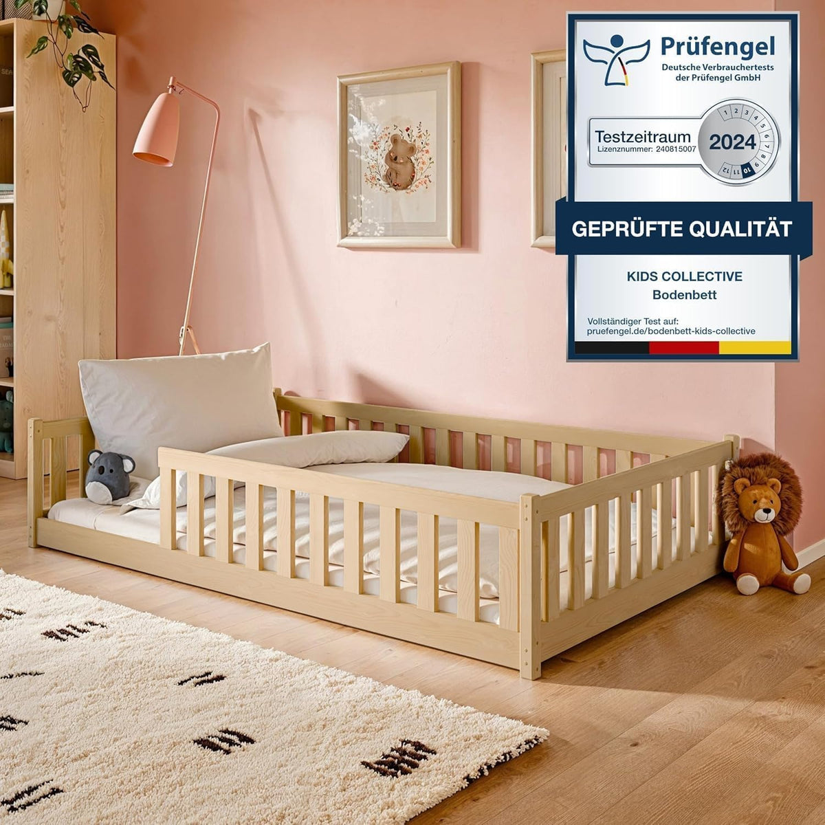 Kids Collective, Matratze, 120x200 cm, Natur, Kinderbett Bodenbett Bett mit, Rausfallschutz & Lattenrost Montessori Bett Bed Gitterbett