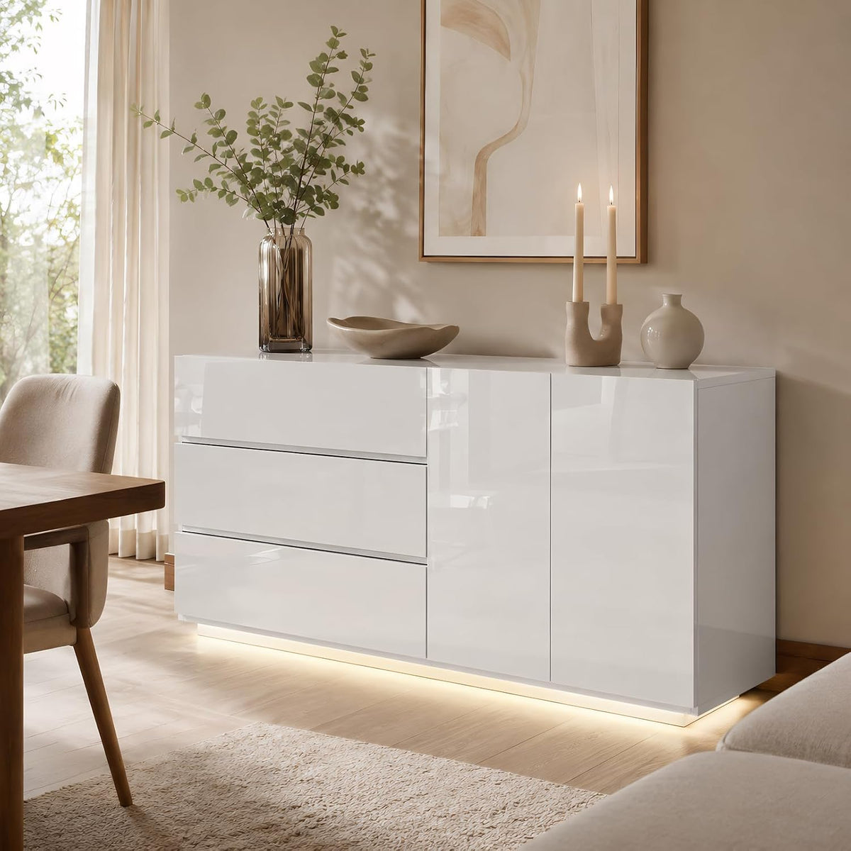 HFASD, Sideboard, 160 X 35 X 76 cm, 160 cm, Weiss, Kommode Hochglanz, Modern Mit LED Beleuchtung, 3 Schubladen