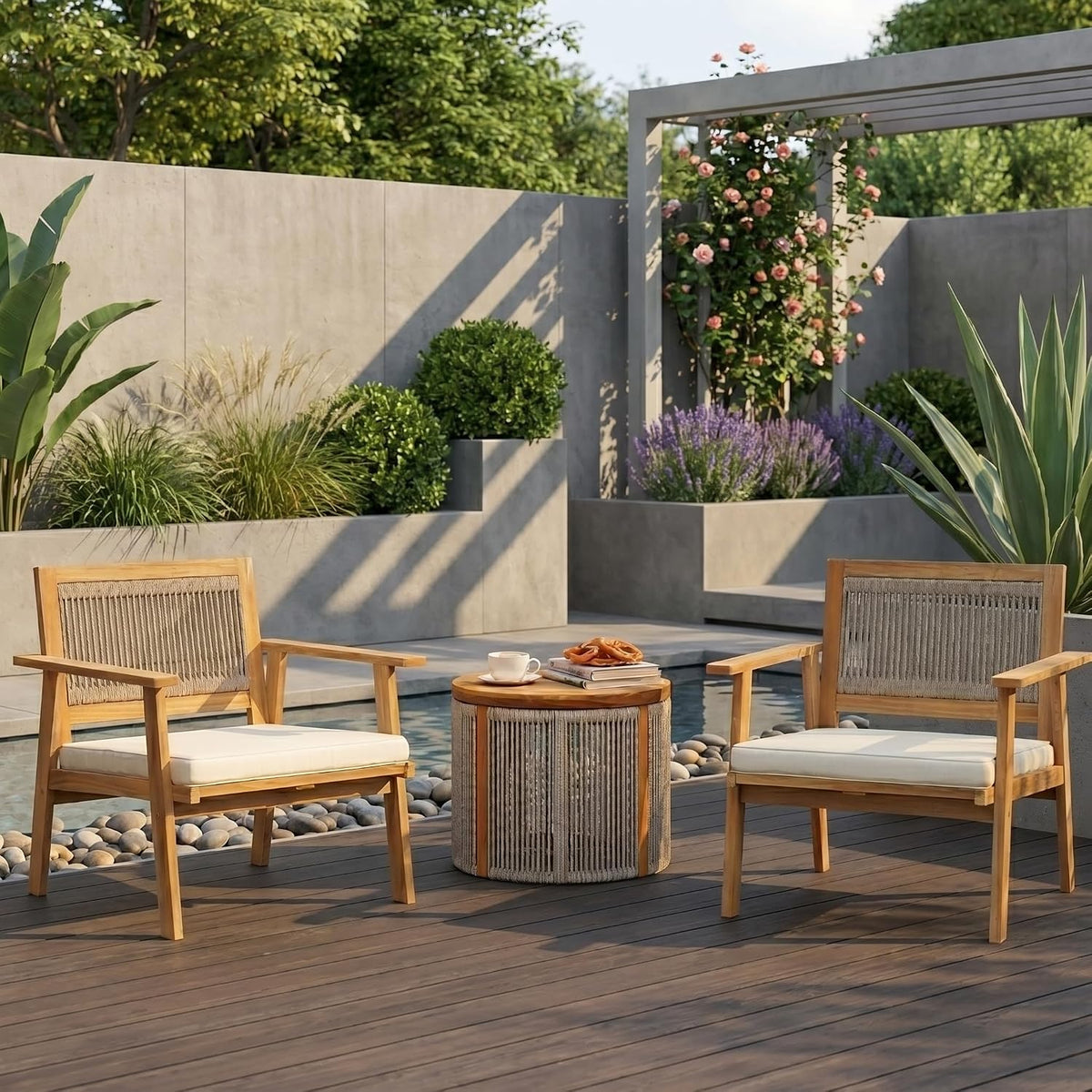 Hometopia, Esszimmerstuhl, 64 x 64 x 75 cm, 150 kg, Grau, Gartenstuhl Holz 2er Set mit Kissen Akazienholz, Stabil bis für Balkon