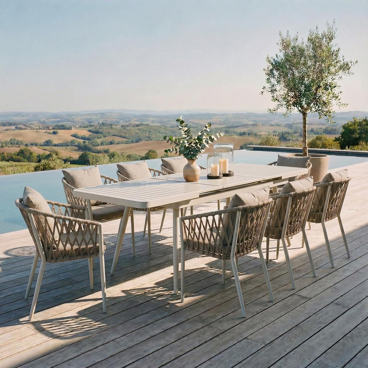 IDIMEX, Essgruppe, Weiss/Beige, Gartenmöbel Set Sunny mit ausziehbarem Esstisch und 8, Esstisch Gestell aus Alu in weiss