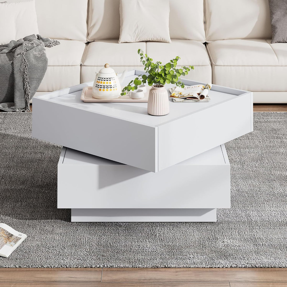 Merax, Sofa, 60x60x38 cm, Weiss, Couchtisch quadratische, Moderner 360° drehbare Wohnzimmertisch mit 2 Schubladen