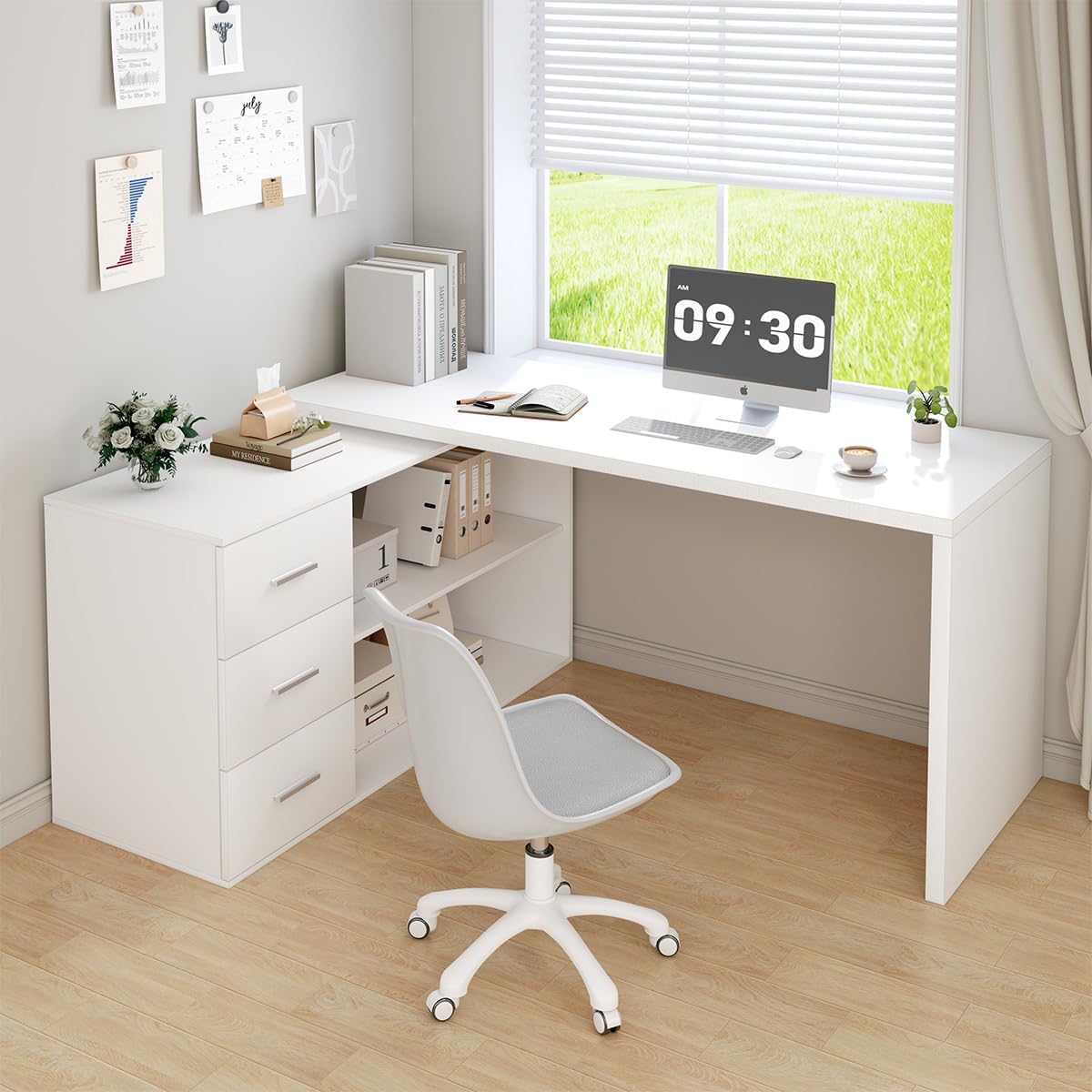 HSH, Schreibtisch, 150 cm, Weiss, Eck L Form mit Stauraum für Büro