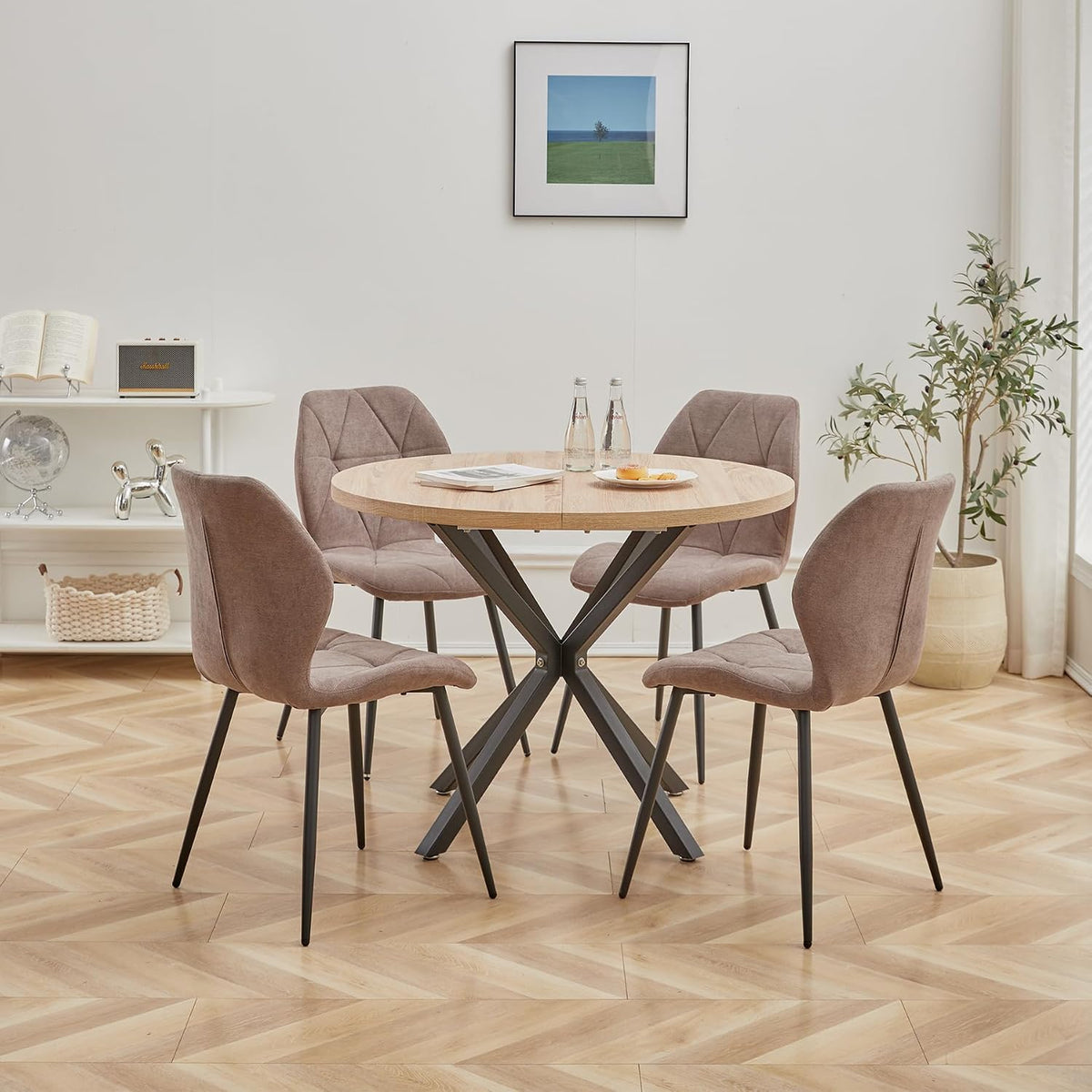DEYARNA HOME, Essgruppe, 76.5 cm, 100 cm, Braun, Set Tisch und Stühle, Runder Esstisch und 4 Leinen-Esszimmerstühle