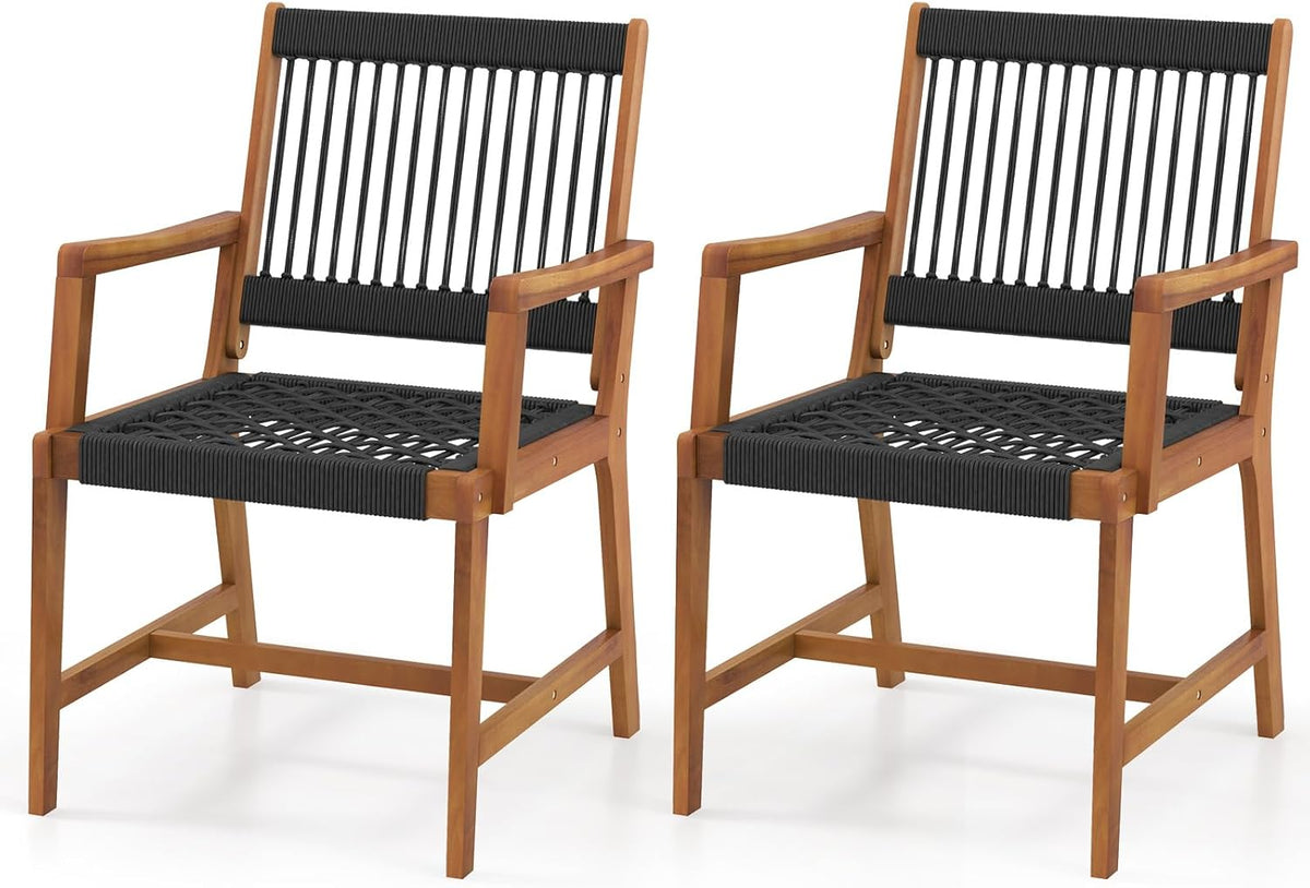 GOPLUS, Esszimmerstuhl, 160 kg, Natur/Schwarz, Gartenstühle 2er Set, Bistrostuhl mit Rückenlehne & Armlehne, Balkonstuhl aus Massivholz bis belastbar