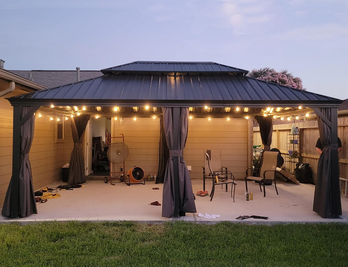 PURPLE LEAF, Pavillon, 6 m, Violett/Grau, 3.65 x LED Licht Seitenteilen Alu Rahmen, Grau
