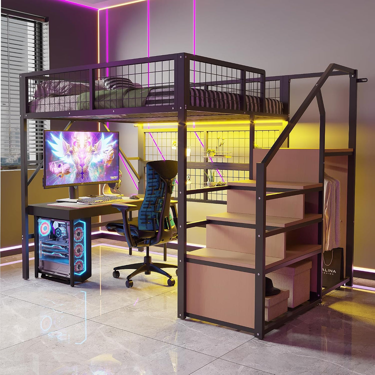 Merax, Matratze, 140x200 cm, Schwarz, Metall-Hochbett, mit LED-APP-Band, Leiter-Aufbewahrung und offenem Schrank