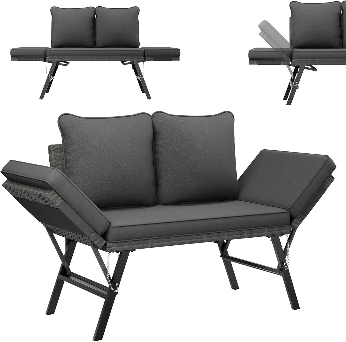 UDPATIO, Sitzbank, Grau, Polyrattan Gartenbank Wetterfest mit Liegefunktion, Balkon, Terrasse - -meliert & Bezüge