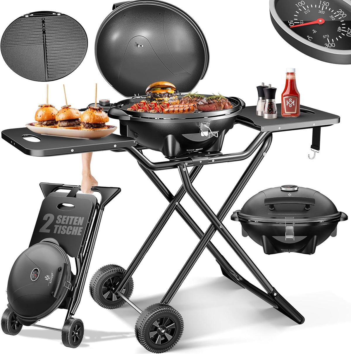 KESSER, Elektrogrill, Grau/Weiss, ® elektrischer 2in1 Tischgrill - Standgrill mit Deckel und