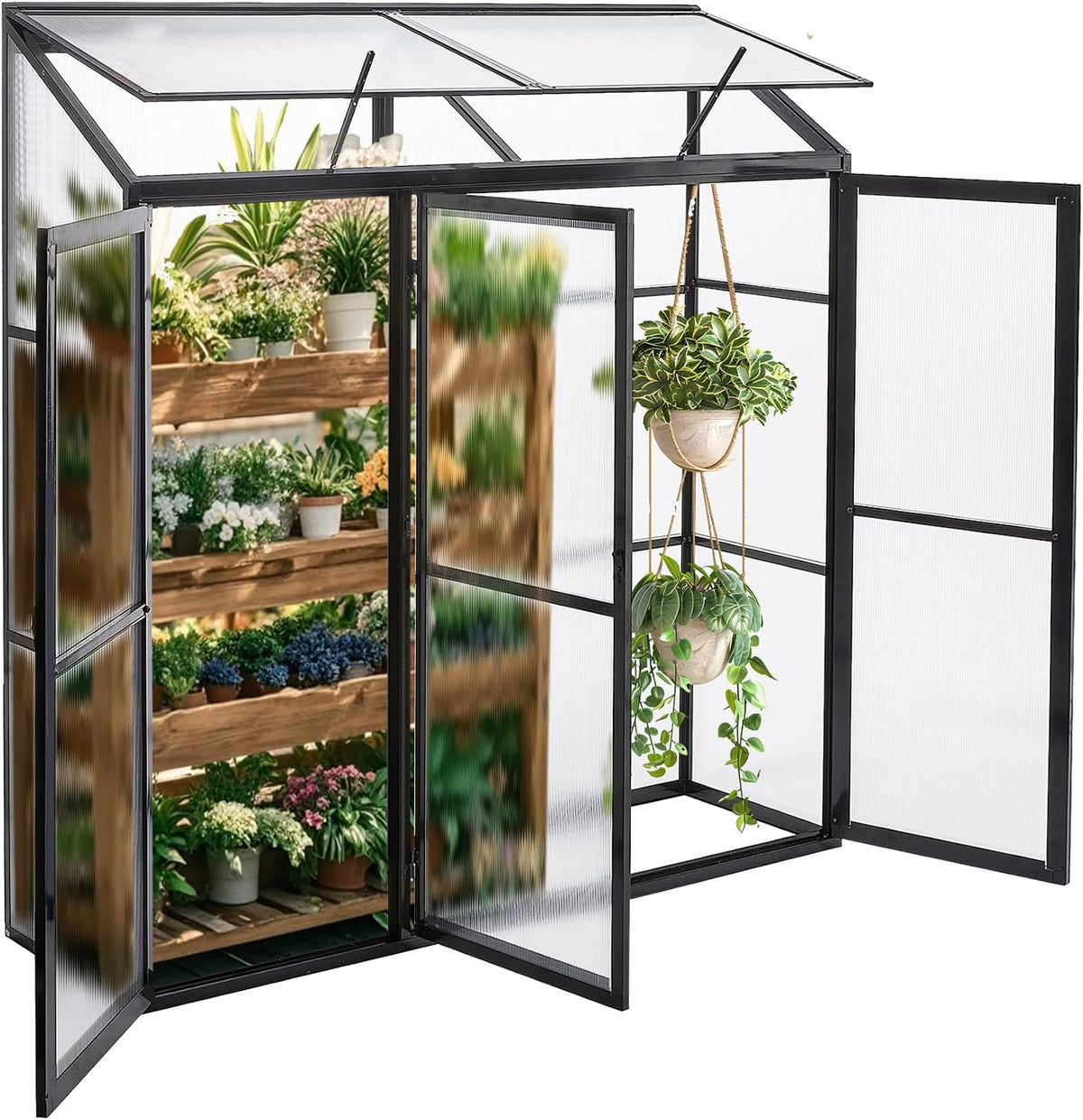 Gerätehaus, Gegaden, 180x55x190 cm, Schwarz, Anlehngewächshaus Tomaten Gewächshaus Aluminium, Treibhaus Gartenhaus Frühbeet mit Rückwand