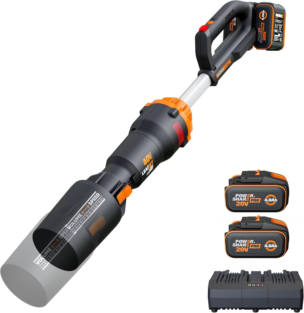 WORX, Laubbläser, 40 V, Grau, Akku- WG585E, inkl. 2x4Ah Akkus & Dual-Schnellladegerät