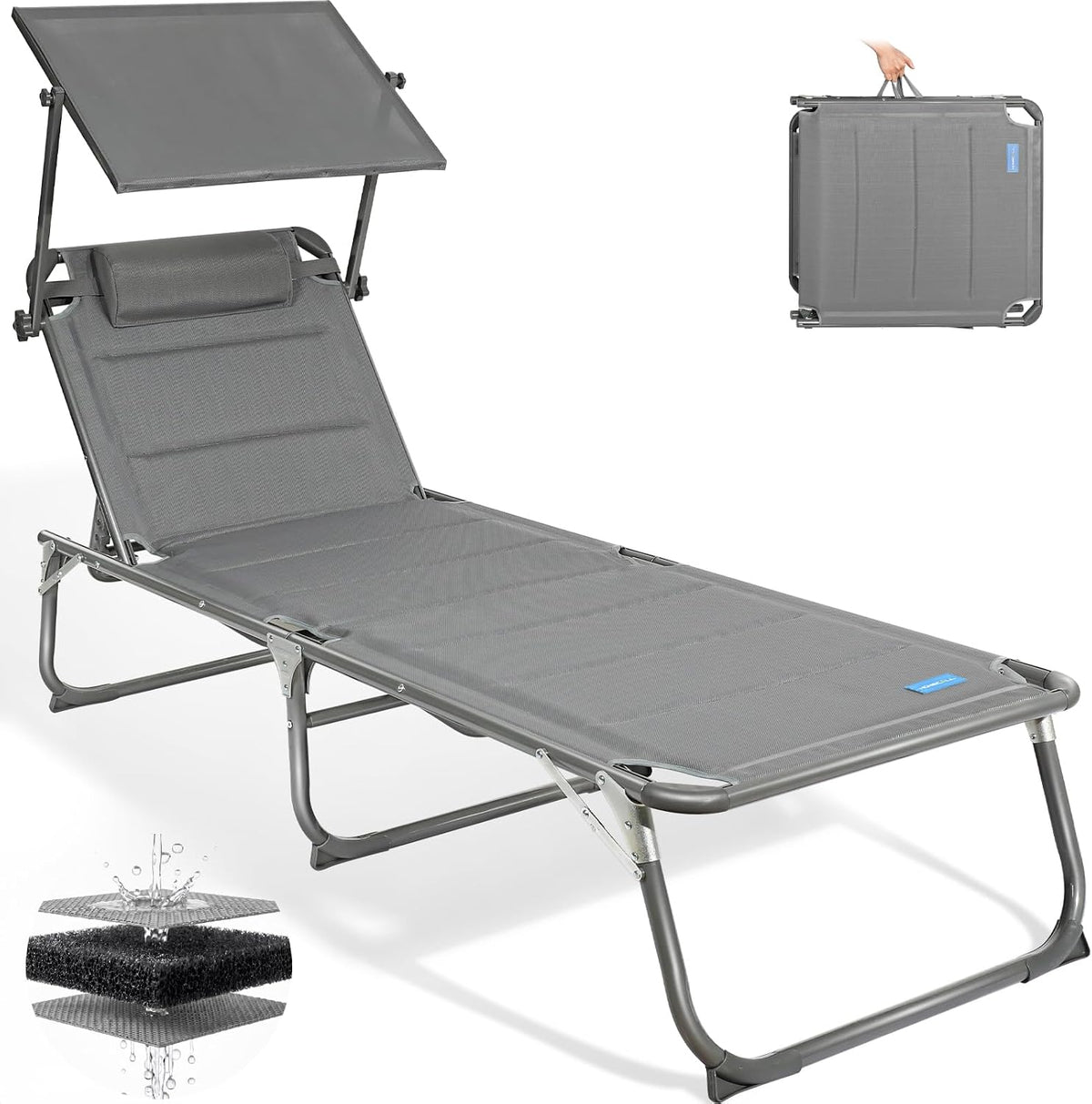 Homecall, Liegen, 200x70 cm, 180 kg, Grau/Weiss, Sonnenliege Klappbar mit Dach, Kopfstütze