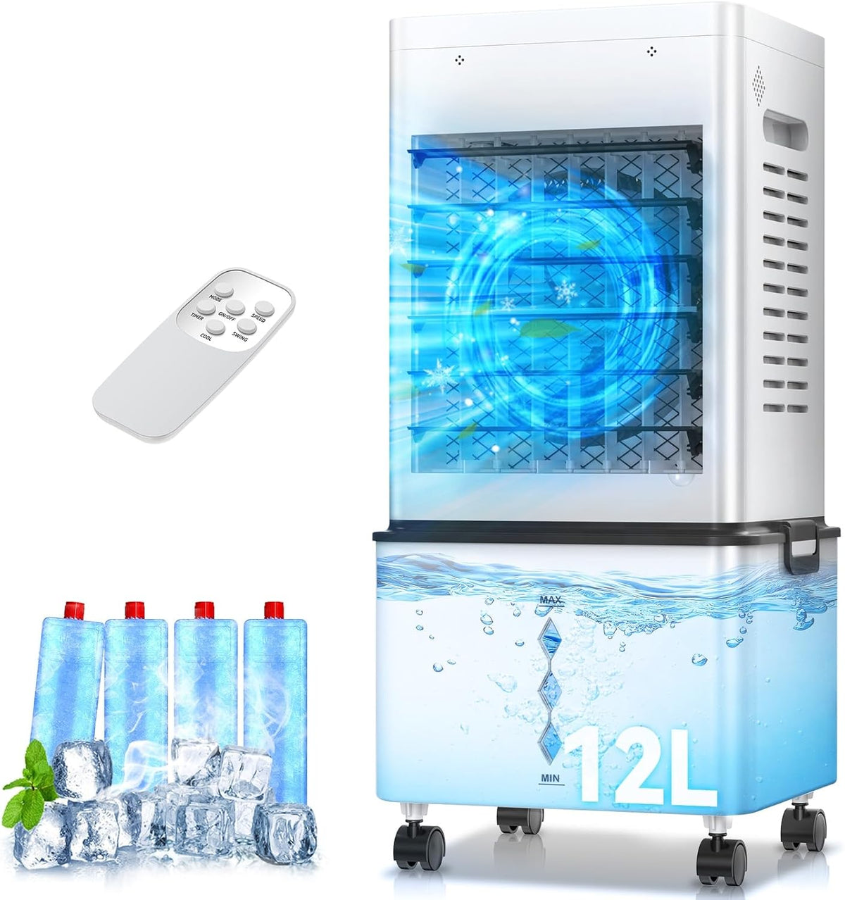 GLOWITE, Mobiles Klimagerät, 40 dB, 12 L, Blau/Weiss, Mobile Klimaanlage, Luftkühler ohne Abluftschlauch, Verdunstungskühler mit Fernbedienung