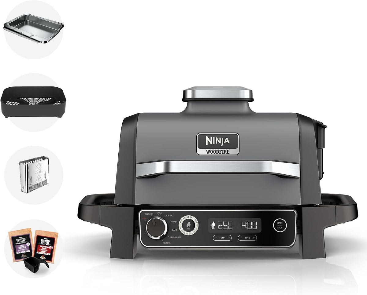 Ninja, Outdoor-Grill, Grau/Schwarz, OG701UK Woodfire Electric BBQ Grill & Smoker, 7-in-1 Outdoor Grill & Air Fryer