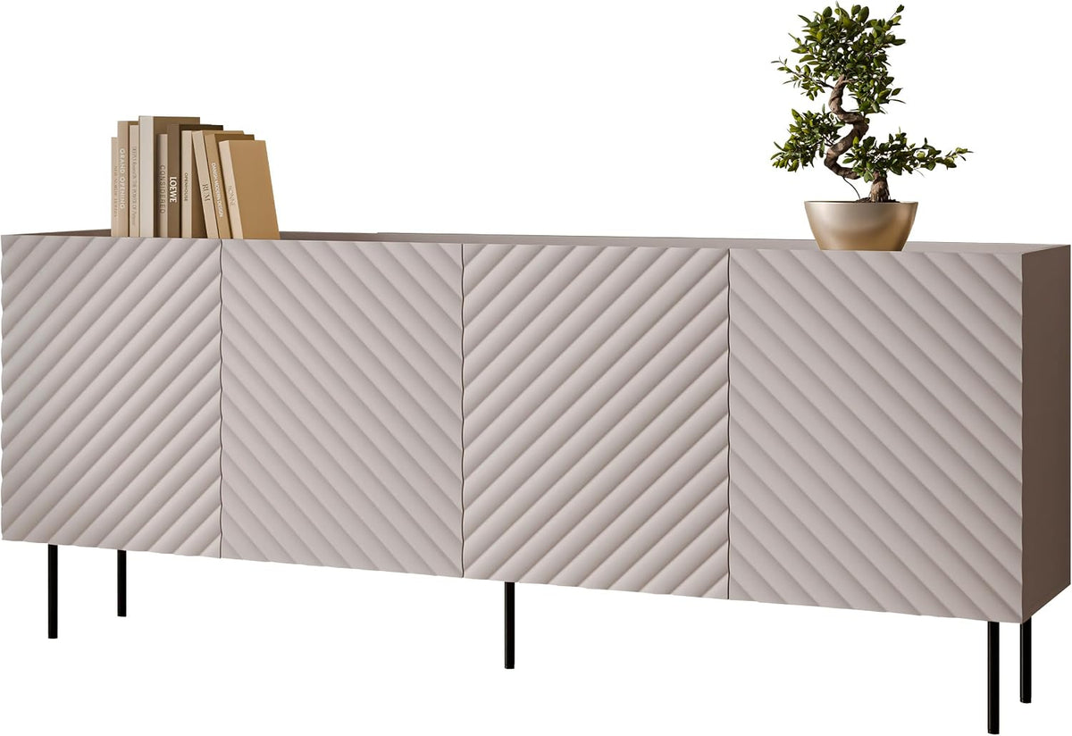 Mirjan24, Sideboard, Schwarz, Kommode Likade 200 4D mit 4 Türen, innen 8 Fächer, gefräster Front, Ohne Griffe, Metallfüsse
