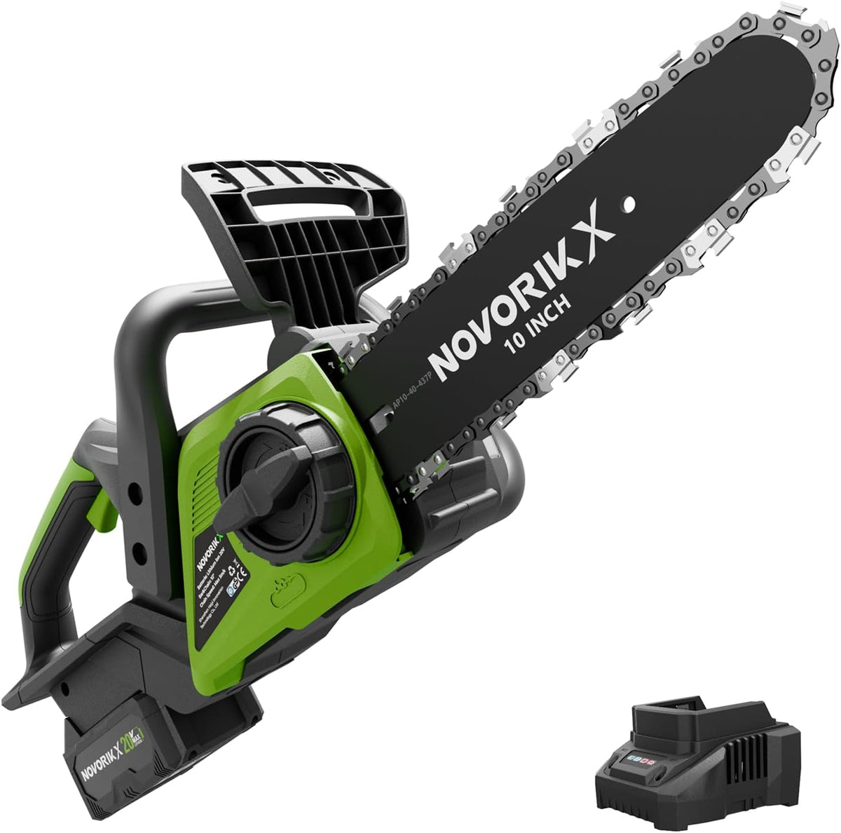 NovorikX, Kettensäge, 25 cm, 20 V, Grau/Schwarz, Akku- 4, 0-Ah-Akku mit Ladegerät, Schwert