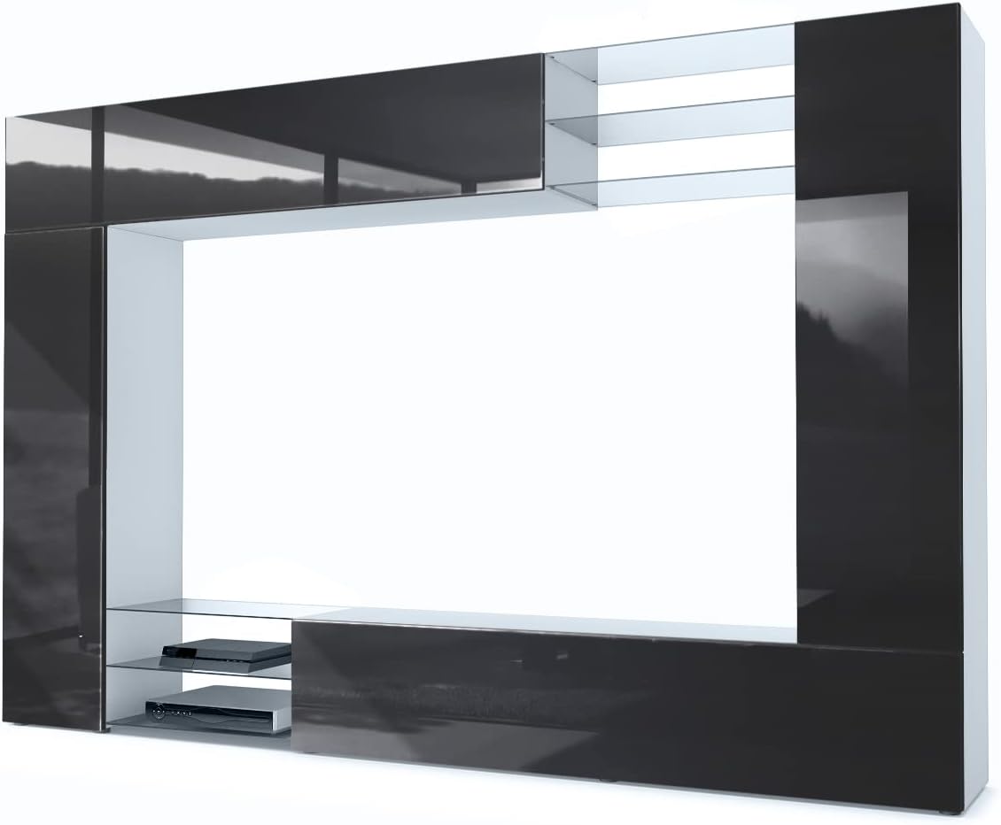 Vladon, Wohnwand, 262 x 183 x 39 cm, Weiss/Schwarz, Mirage, Made in Germany, Anbauwand mit Rückwand mit 2 Türen