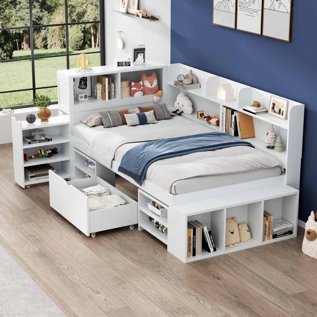 EINHOM, Matratze, 90x200 cm, Weiss, Einzelbett, Stauraumbett mit Schubladen, Bücherregal und Stauschrank, Multifunktionales Bett