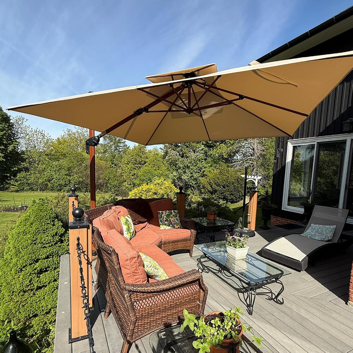 PURPLE LEAF, Sonnenschirme, 300 × 300 cm, Violett/Beige, Sonnenschirm Alu-Griff Holzoptik Doppeldach Beige