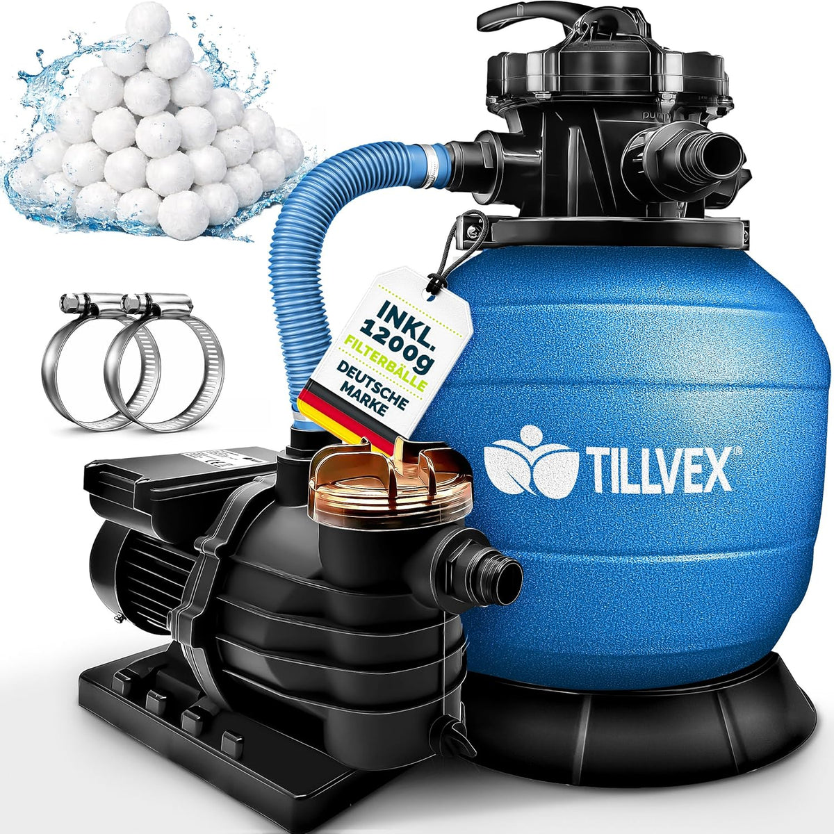 tillvex, Filter, 13.200 L, 40.000 L, Weiss/Blau, ® Sand anlage Pool / h + 1200 g bälle bis