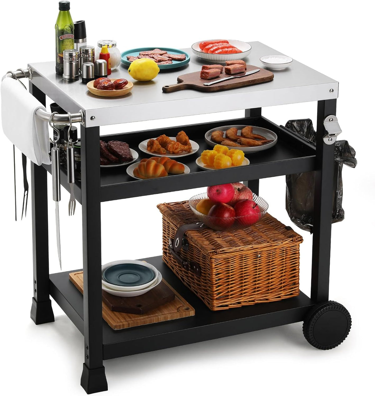 LIFERUN, Wagen, Schwarz, Edelstahl Grill 3 Etagen, Grilltisch Outdoor, Grill Trolley