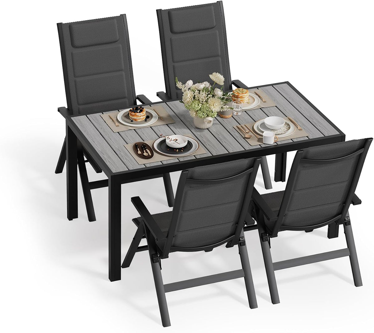 JUMMICO, Essgruppe, Grau/Weiss, Gartenmöbel Set, 4 stühle Klappbar mit 1 Tisch, 5-Fach Verstellbarer Aluminium Sessel und Einer Tischplatte