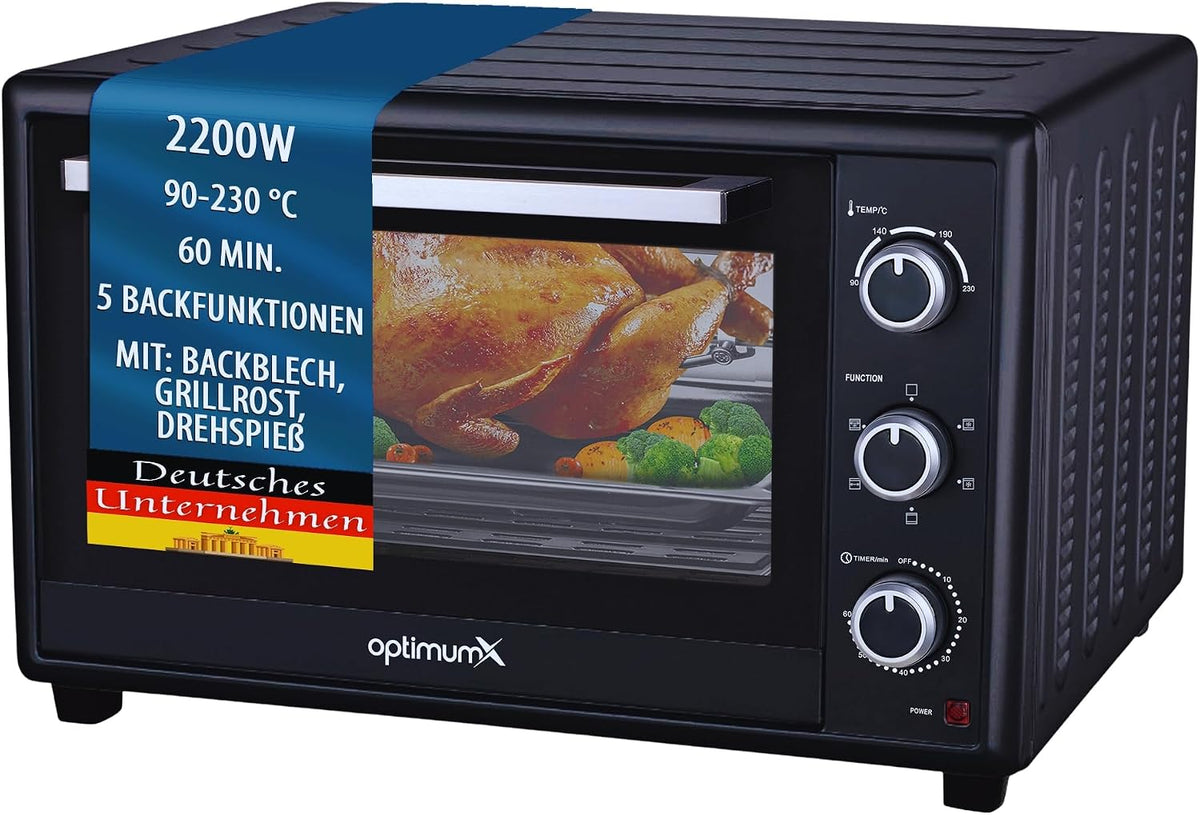 OptimumX Haushaltsgeräte, Backofen, 60 Liter, 2200 W, Anthrazit, Mini XXL mit Umluft, Drehspiess