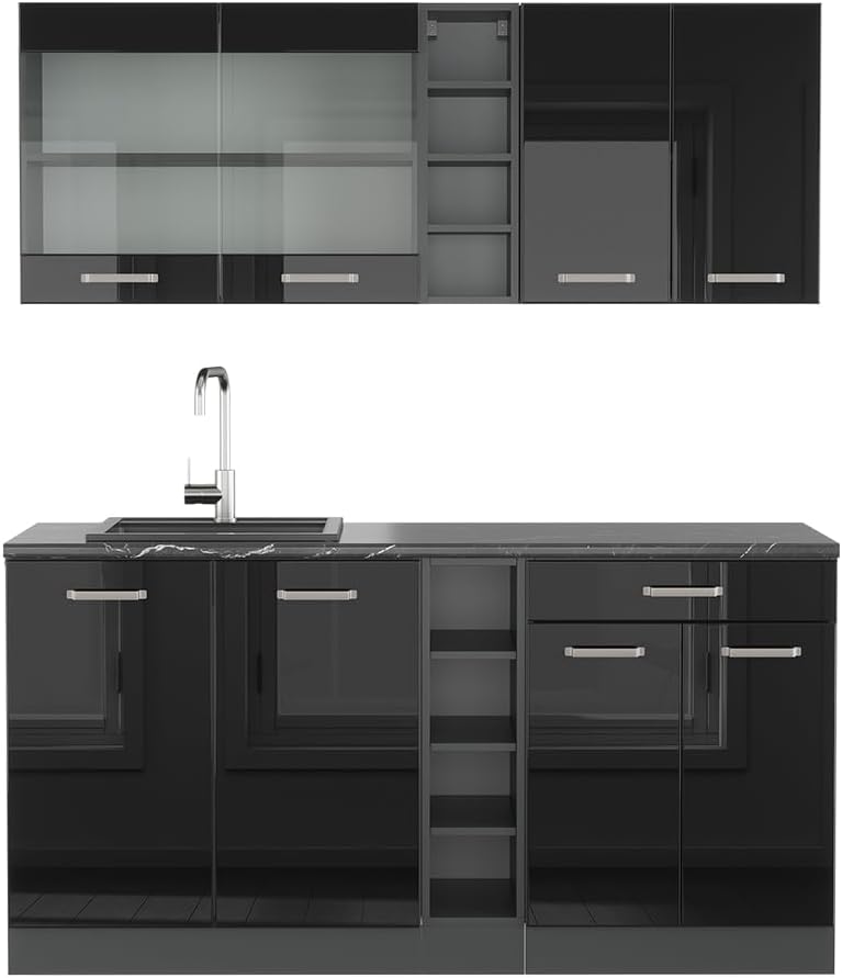 Vicco, Küchenzeile, 160 cm, Schwarz/Anthrazit, Singleküche R-Line, Schwarz Hochglanz / Anthrazit