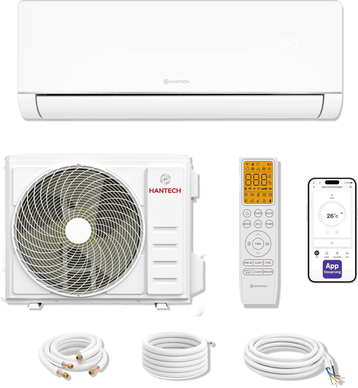 HANTECH, Split-Klimaanlage, Weiss/Grau, A+++ Split Klimaanlage 9000 BTU H- Plus energiesparender, Smart Home kompatibel