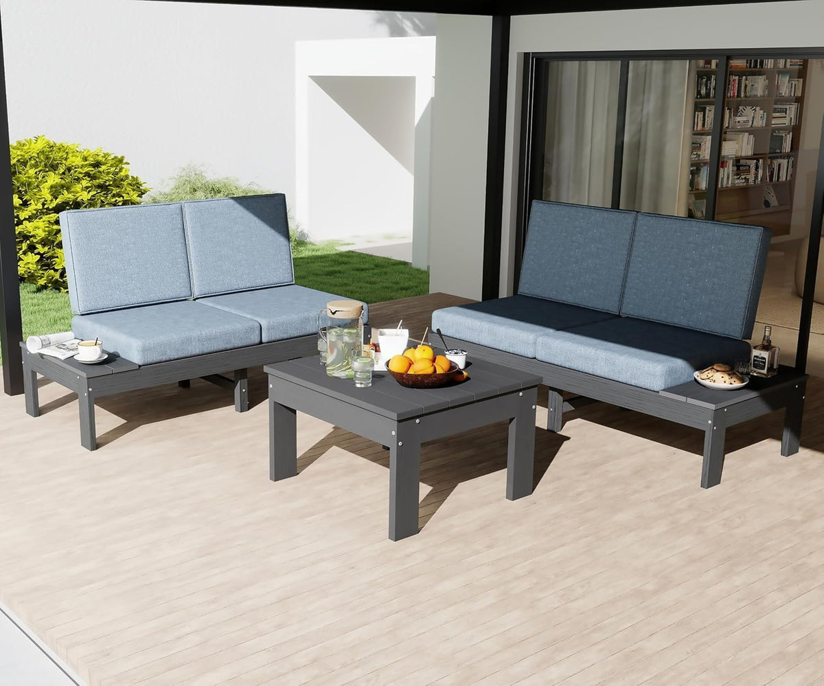 Sofa, Domi, Grau, HDPE Gartenmöbel Set, modernes 3-teiliges Sitzgruppe mit linkem und rechtem, gepolsterte Eckgruppe samt Couchtisch