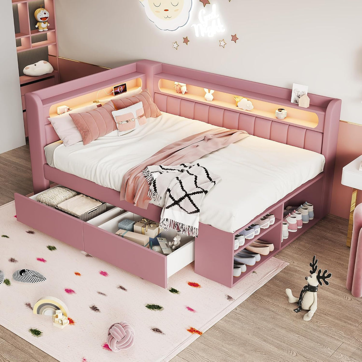Merax, Matratze, 90x200 cm, Rosa, Kinderbett Tagesbett mit gepolstertem Kopfteil, LED-Ablagefach, Multifunktionsbett mit Schuhschrank