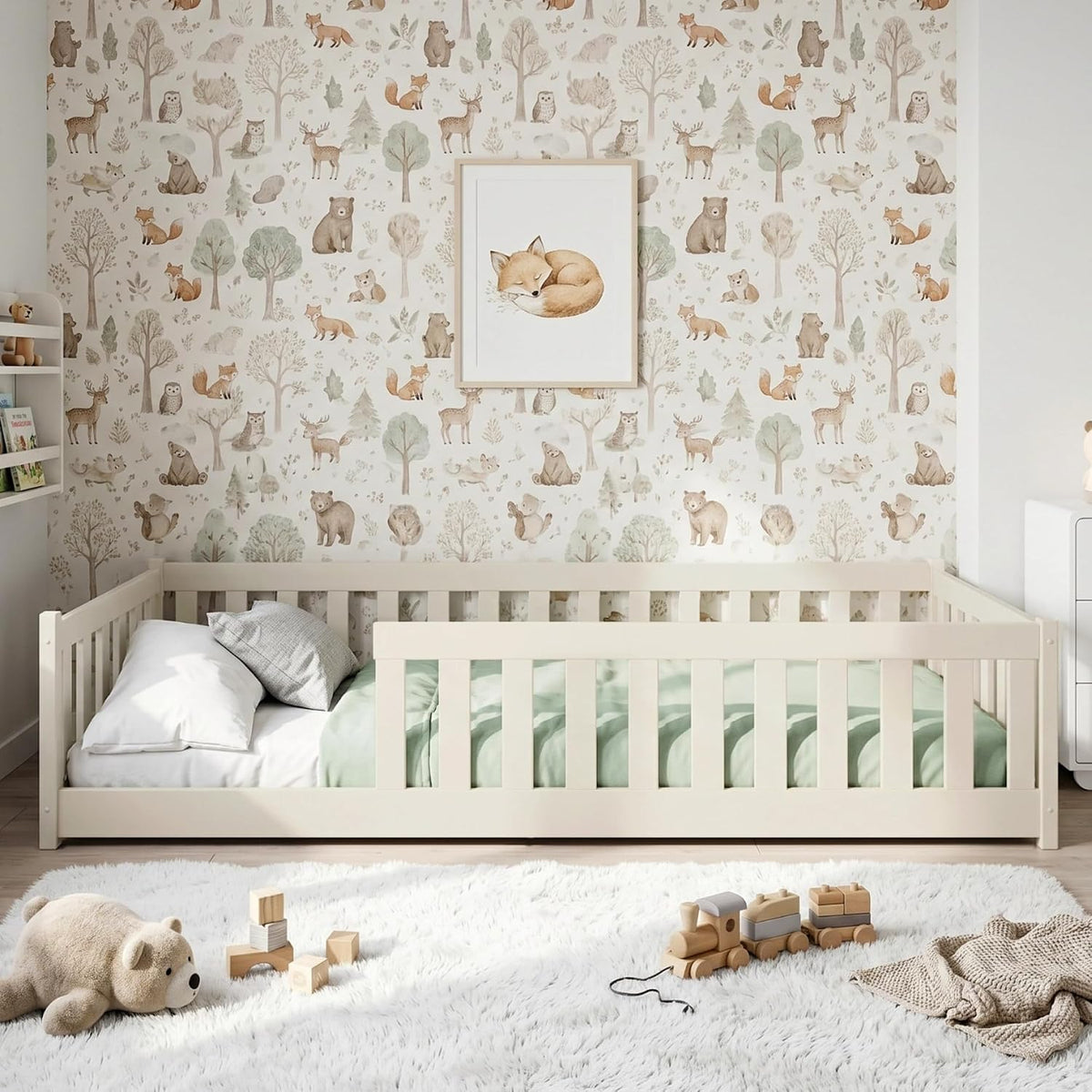 Kids Collective, Bett, 90x200 cm, Weiss/Grau, Kinder Boden mit Rausfallschutz & Lattenrost Montessori Bed