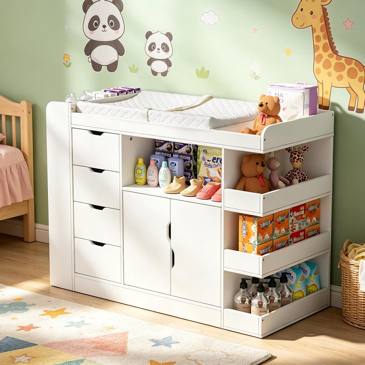 MSFE, Sideboard, 125x91x46 cm, Weiss, Wickelkommode Wickeltisch mit Wickelauflage, Kleiderschrank Für Kinderzimmer