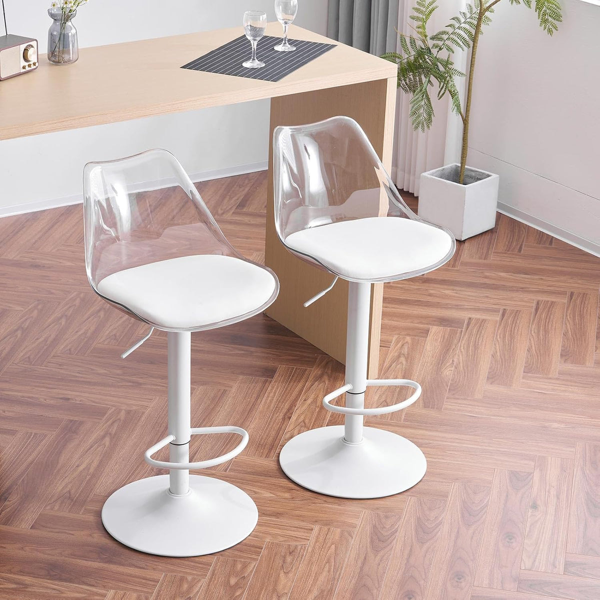 Fiximaster, Barhocker, Transparent/Weiss, Transparent 2er Set, Höhenverstellbare Tresenhocker mit Rückenlehne & Fussstütze