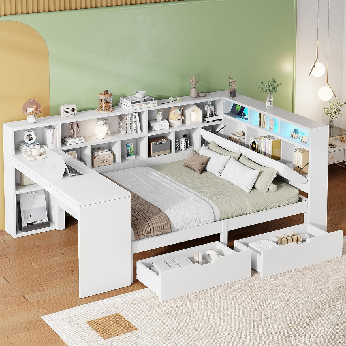 Kebnor, Bett, 140x200 cm, Weiss, L-förmiges Holz-Plattform mit Schreibtisch und Bücherregal, Eck-Kapitäns mit gepolstertem Kopfteil