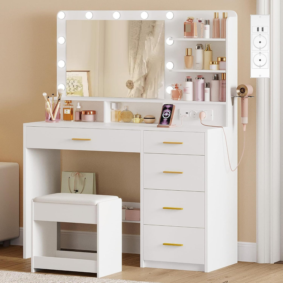 Schminktisch, Hzuaneri, Spanplatte, MDF, Glas, Weiss, mit 10 LED-Beleuchtung, Hocker