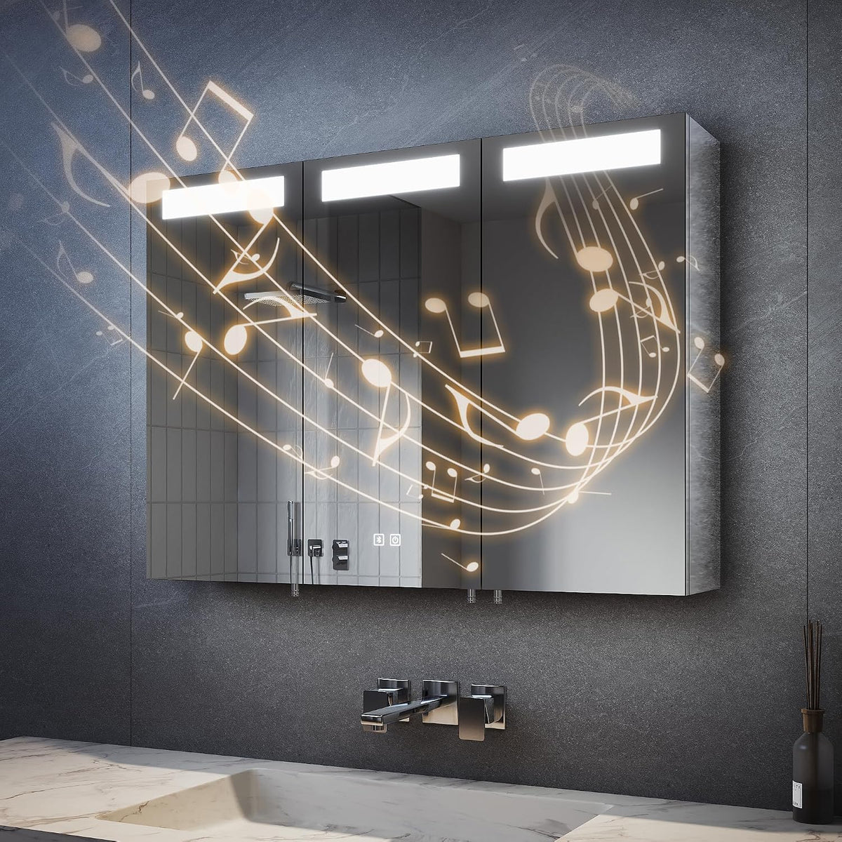 SVNR, Spiegelschränke, 90x65x13 cm, Silber, Spiegelschrank Bad mit Beleuchtung 3 Türen